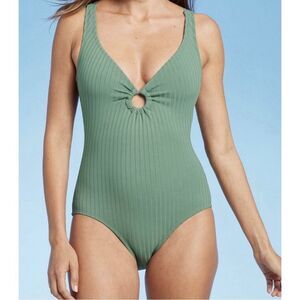 Kona Sol Sage Green Ribbed Crossover Back One Piece Swimsuit Sz L Minimalist